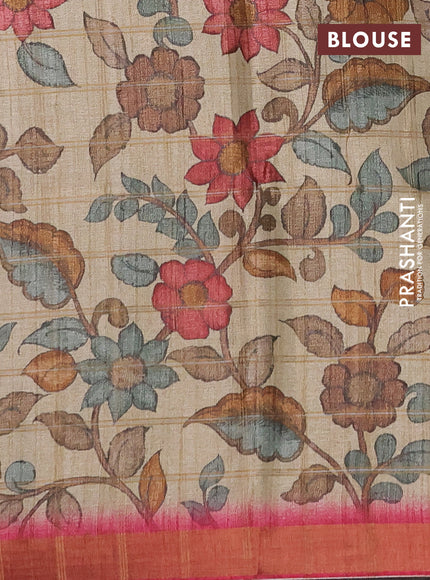 Semi tussar saree pink and beige with allover zari checked pattern and kalamkari printed pallu