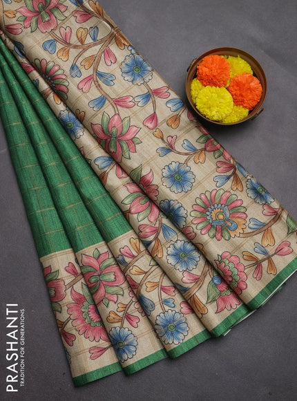 Semi tussar saree green and beige with allover zari checked pattern and kalamkari printed pallu