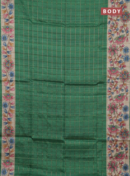 Semi tussar saree green and beige with allover zari checked pattern and kalamkari printed pallu