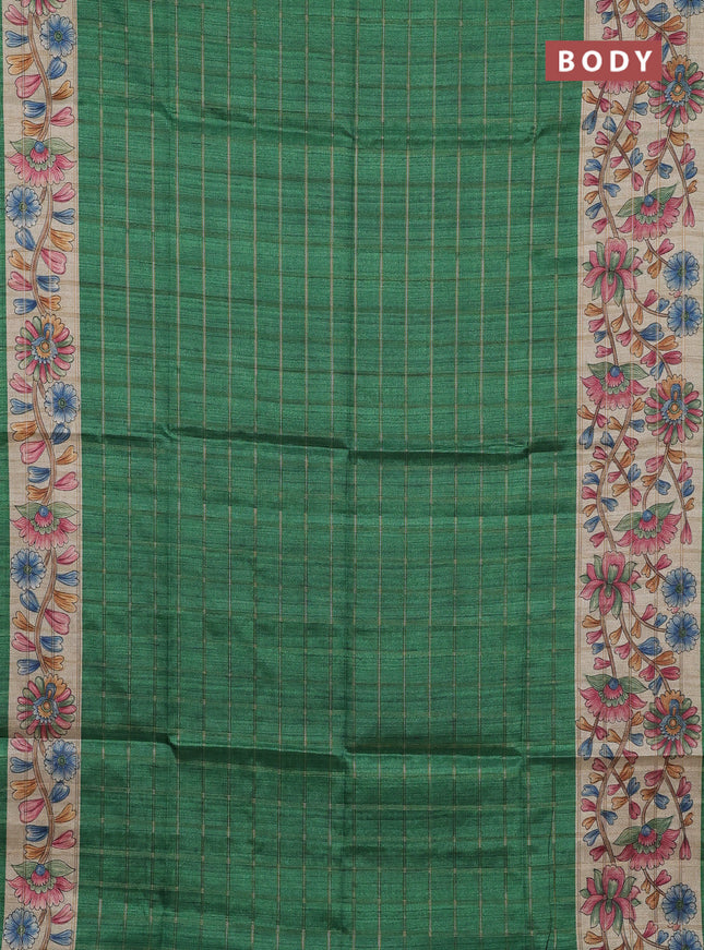 Semi tussar saree green and beige with allover zari checked pattern and kalamkari printed pallu