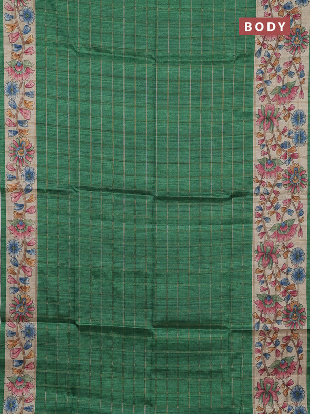 Semi tussar saree green and beige with allover zari checked pattern and kalamkari printed pallu