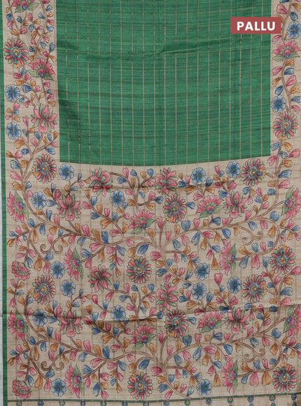 Semi tussar saree green and beige with allover zari checked pattern and kalamkari printed pallu