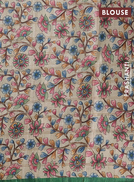 Semi tussar saree green and beige with allover zari checked pattern and kalamkari printed pallu