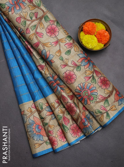 Semi tussar saree cs blue and beige with allover zari checked pattern and kalamkari printed pallu
