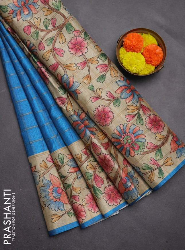Semi tussar saree cs blue and beige with allover zari checked pattern and kalamkari printed pallu
