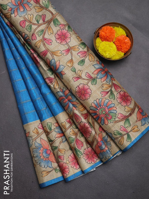 Semi tussar saree cs blue and beige with allover zari checked pattern and kalamkari printed pallu