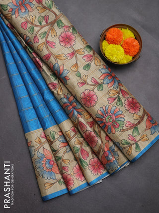 Semi tussar saree cs blue and beige with allover zari checked pattern and kalamkari printed pallu