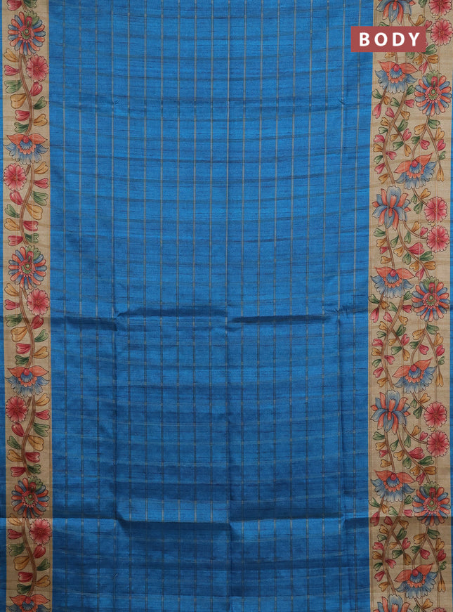 Semi tussar saree cs blue and beige with allover zari checked pattern and kalamkari printed pallu