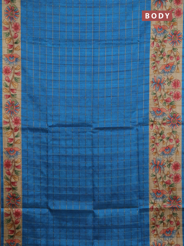 Semi tussar saree cs blue and beige with allover zari checked pattern and kalamkari printed pallu