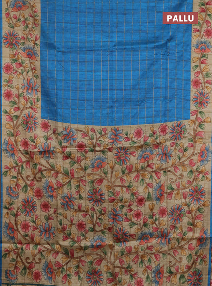 Semi tussar saree cs blue and beige with allover zari checked pattern and kalamkari printed pallu