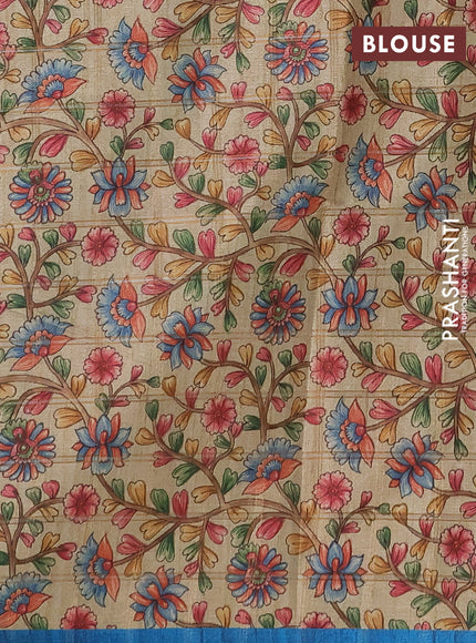 Semi tussar saree cs blue and beige with allover zari checked pattern and kalamkari printed pallu