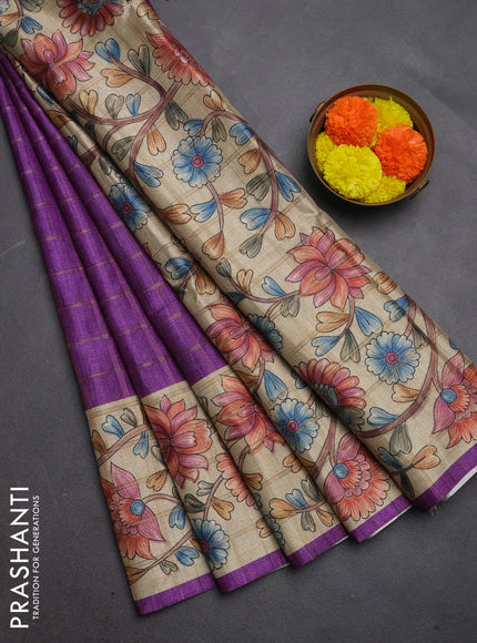 Semi tussar saree purple and beige with allover zari checked pattern and kalamkari printed pallu