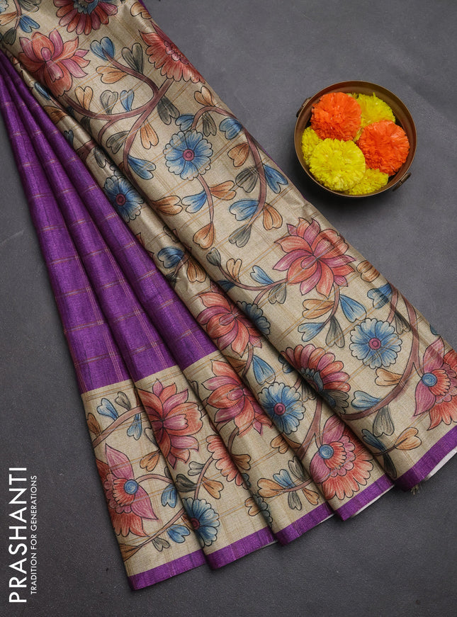 Semi tussar saree purple and beige with allover zari checked pattern and kalamkari printed pallu