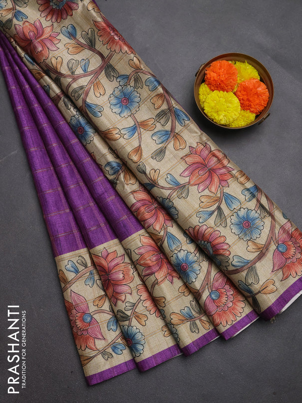 Semi tussar saree purple and beige with allover zari checked pattern and kalamkari printed pallu
