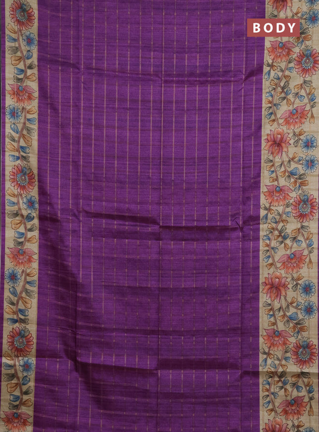 Semi tussar saree purple and beige with allover zari checked pattern and kalamkari printed pallu