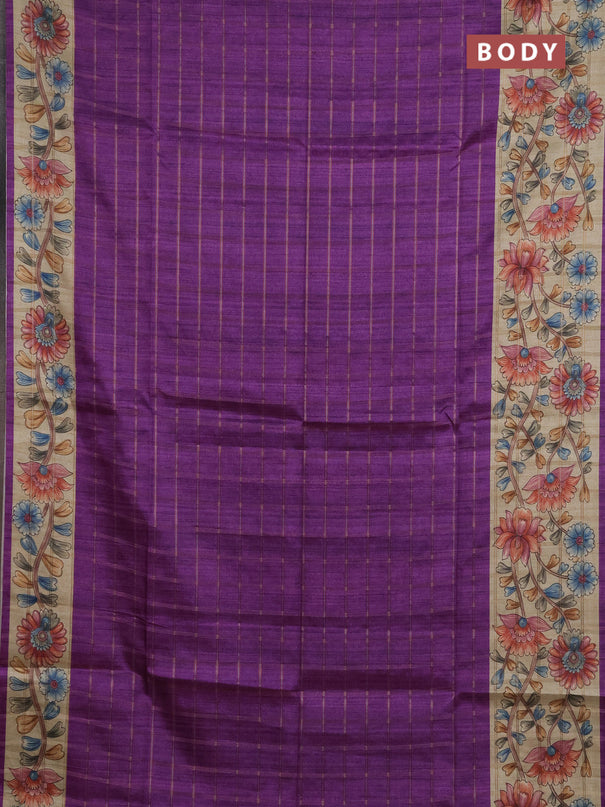 Semi tussar saree purple and beige with allover zari checked pattern and kalamkari printed pallu