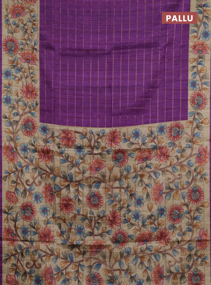 Semi tussar saree purple and beige with allover zari checked pattern and kalamkari printed pallu