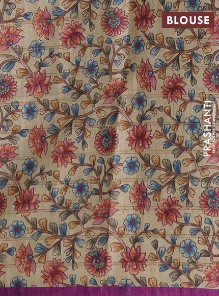 Semi tussar saree purple and beige with allover zari checked pattern and kalamkari printed pallu
