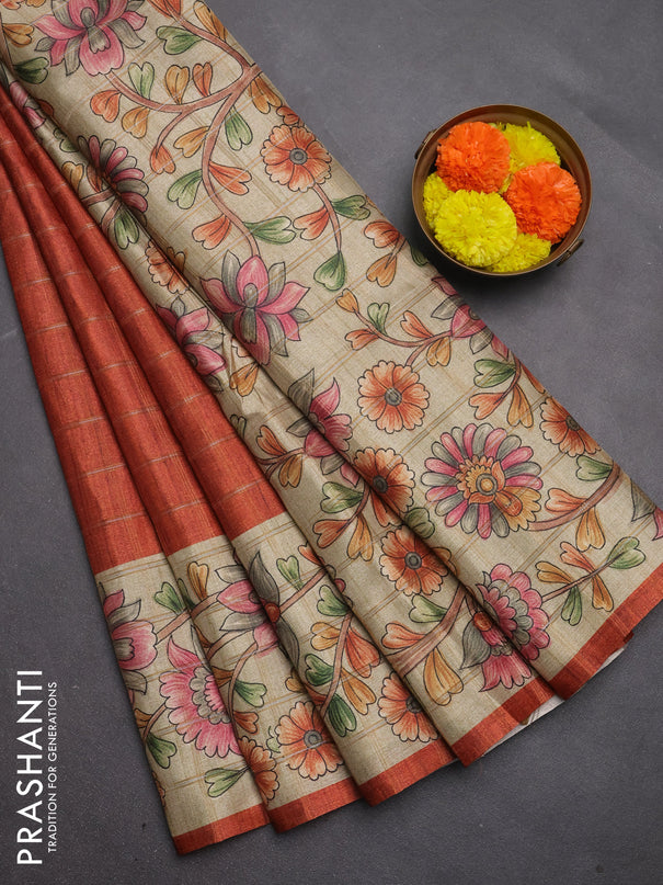 Semi tussar saree rustic orange and beige with allover zari checked pattern and kalamkari printed pallu