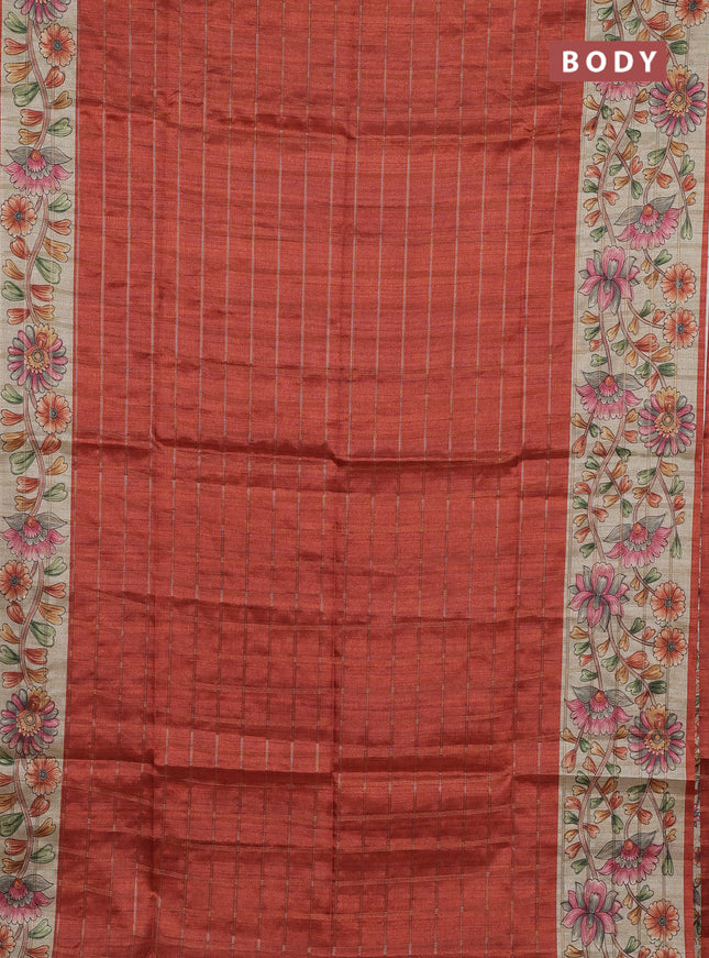 Semi tussar saree rustic orange and beige with allover zari checked pattern and kalamkari printed pallu