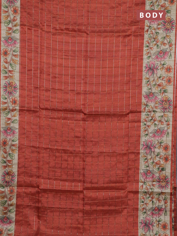 Semi tussar saree rustic orange and beige with allover zari checked pattern and kalamkari printed pallu