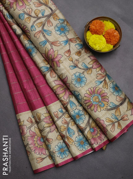 Semi tussar saree pink and beige with allover zari checked pattern and kalamkari printed pallu