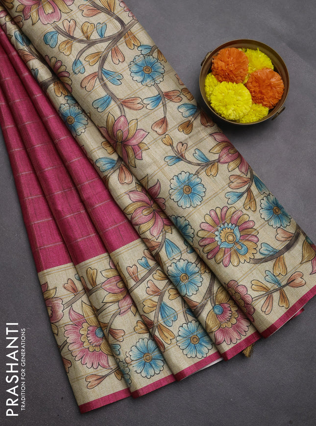 Semi tussar saree pink and beige with allover zari checked pattern and kalamkari printed pallu