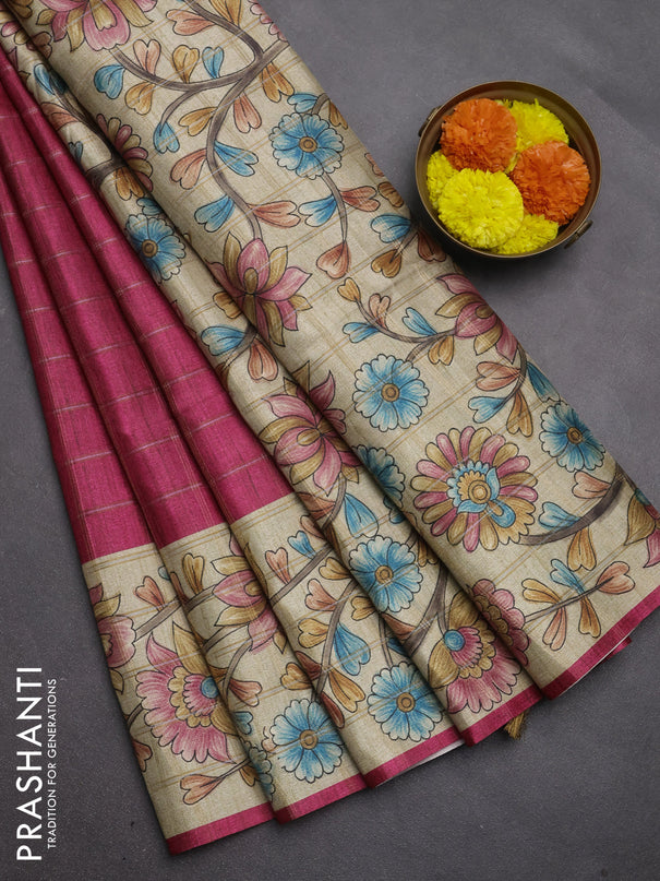 Semi tussar saree pink and beige with allover zari checked pattern and kalamkari printed pallu