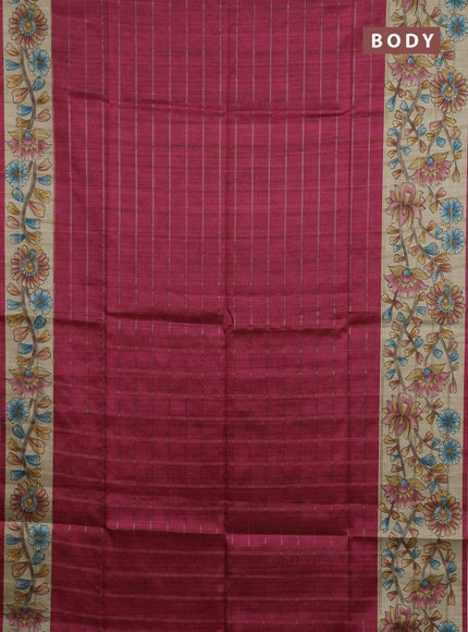 Semi tussar saree pink and beige with allover zari checked pattern and kalamkari printed pallu