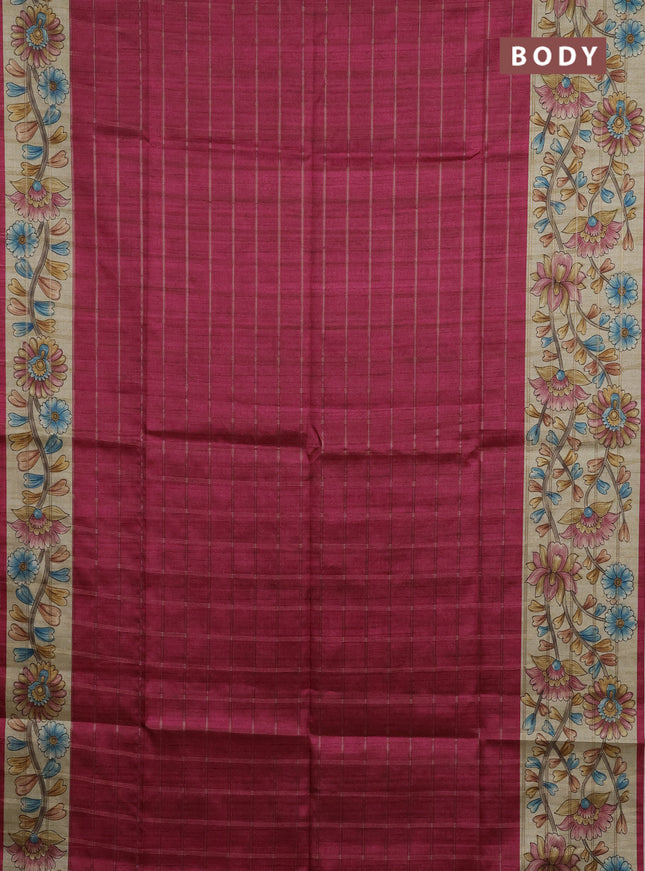 Semi tussar saree pink and beige with allover zari checked pattern and kalamkari printed pallu