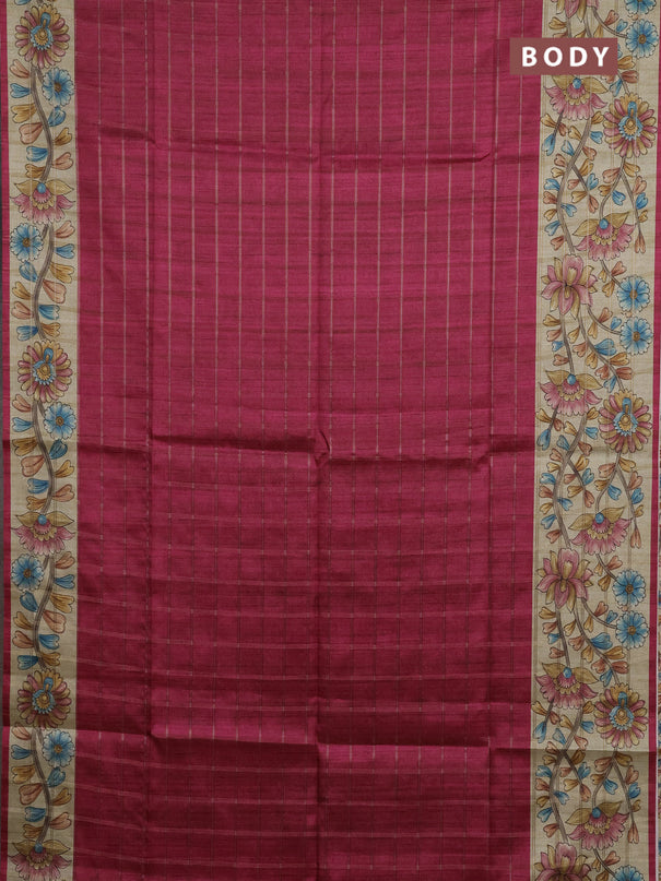 Semi tussar saree pink and beige with allover zari checked pattern and kalamkari printed pallu