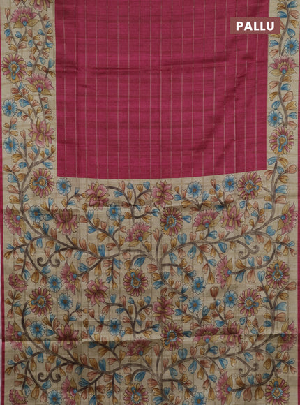 Semi tussar saree pink and beige with allover zari checked pattern and kalamkari printed pallu