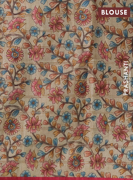 Semi tussar saree pink and beige with allover zari checked pattern and kalamkari printed pallu