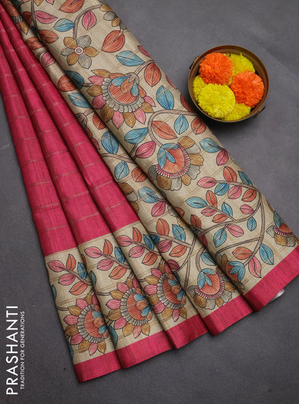 Semi tussar saree pink and beige with allover zari checked pattern and kalamkari printed pallu