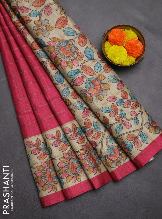 Semi tussar saree pink and beige with allover zari checked pattern and kalamkari printed pallu