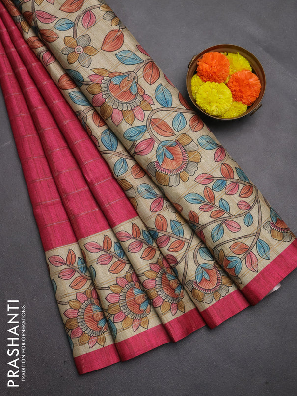 Semi tussar saree pink and beige with allover zari checked pattern and kalamkari printed pallu