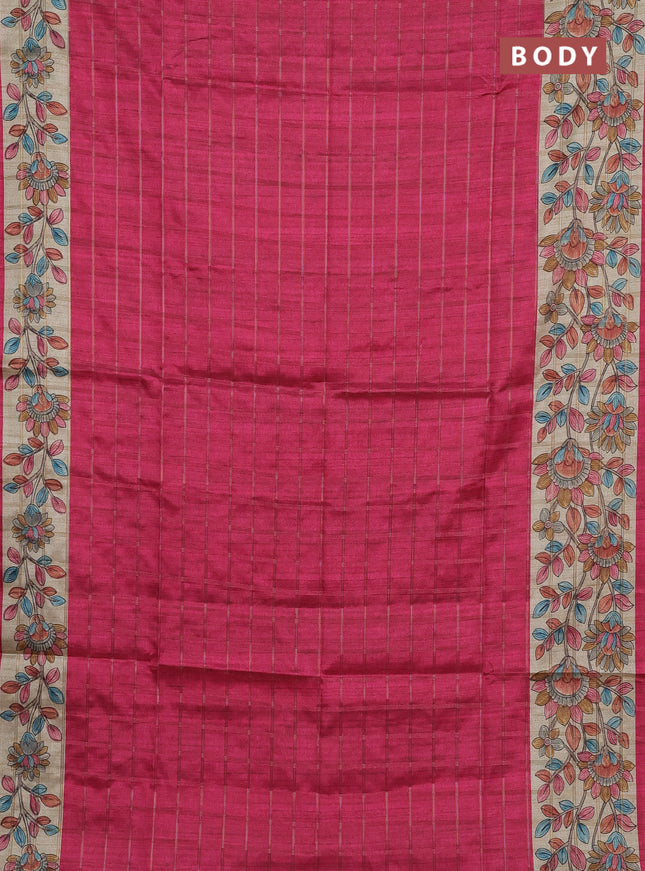 Semi tussar saree pink and beige with allover zari checked pattern and kalamkari printed pallu