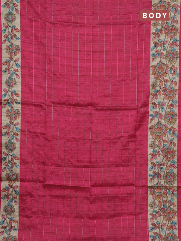 Semi tussar saree pink and beige with allover zari checked pattern and kalamkari printed pallu