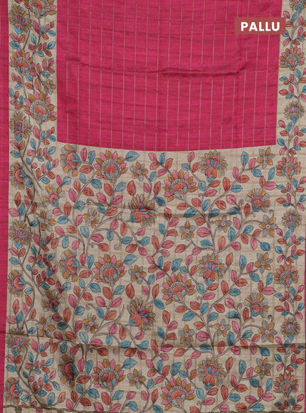 Semi tussar saree pink and beige with allover zari checked pattern and kalamkari printed pallu