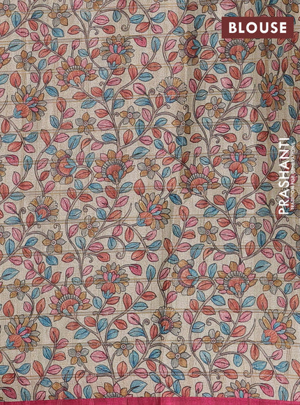 Semi tussar saree pink and beige with allover zari checked pattern and kalamkari printed pallu