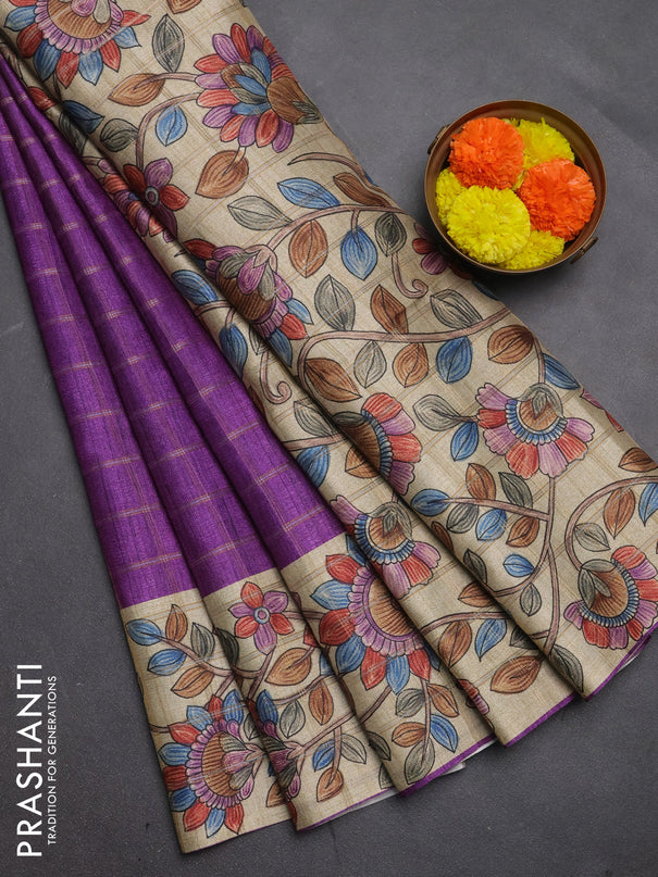 Semi tussar saree purple and beige with allover zari checked pattern and kalamkari printed pallu