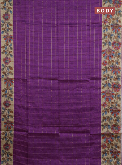 Semi tussar saree purple and beige with allover zari checked pattern and kalamkari printed pallu