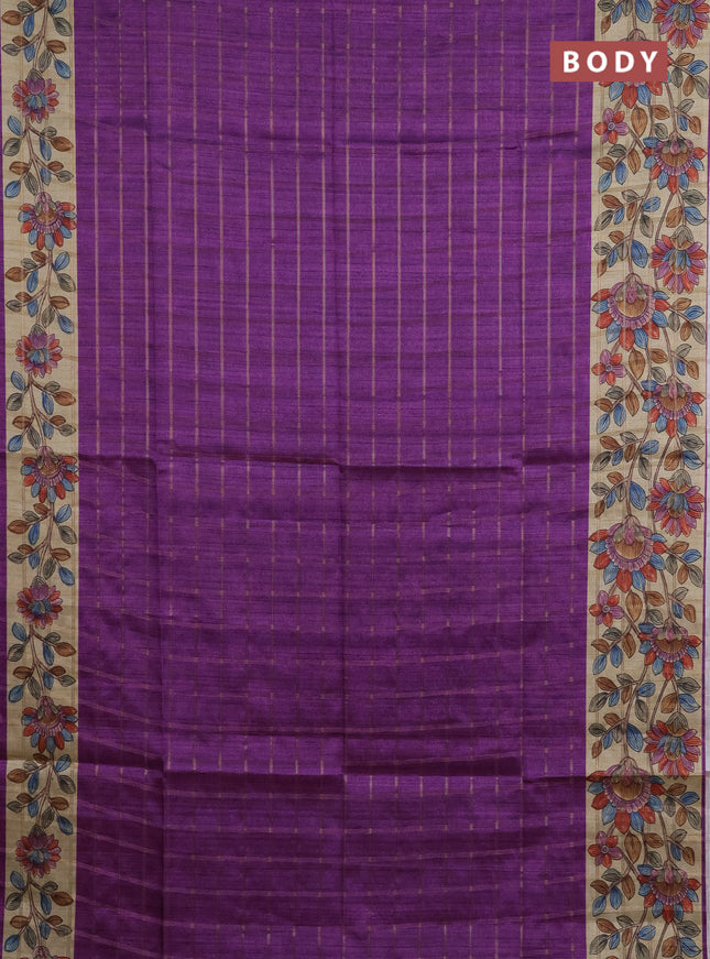 Semi tussar saree purple and beige with allover zari checked pattern and kalamkari printed pallu