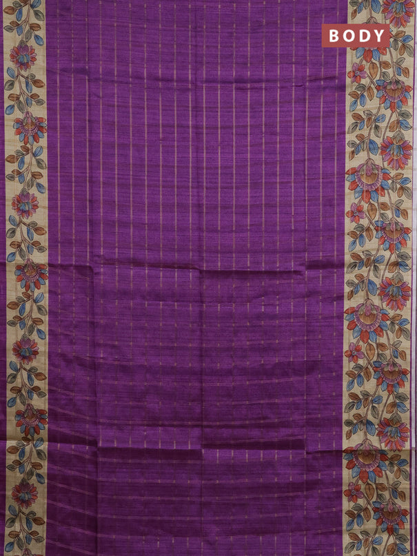 Semi tussar saree purple and beige with allover zari checked pattern and kalamkari printed pallu