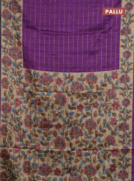Semi tussar saree purple and beige with allover zari checked pattern and kalamkari printed pallu