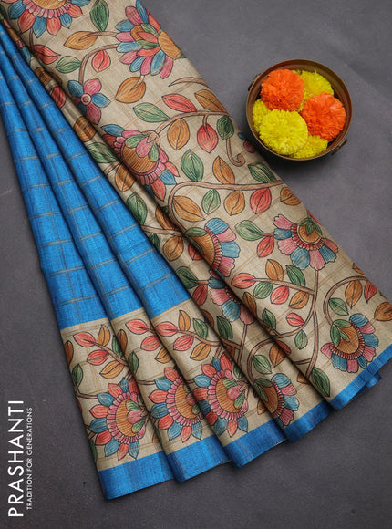 Semi tussar saree cs blue and beige with allover zari checked pattern and kalamkari printed pallu