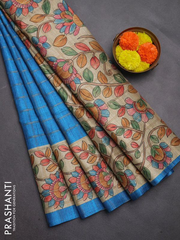 Semi tussar saree cs blue and beige with allover zari checked pattern and kalamkari printed pallu