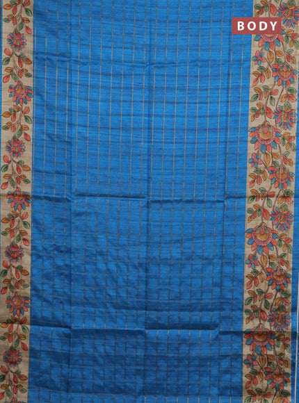 Semi tussar saree cs blue and beige with allover zari checked pattern and kalamkari printed pallu