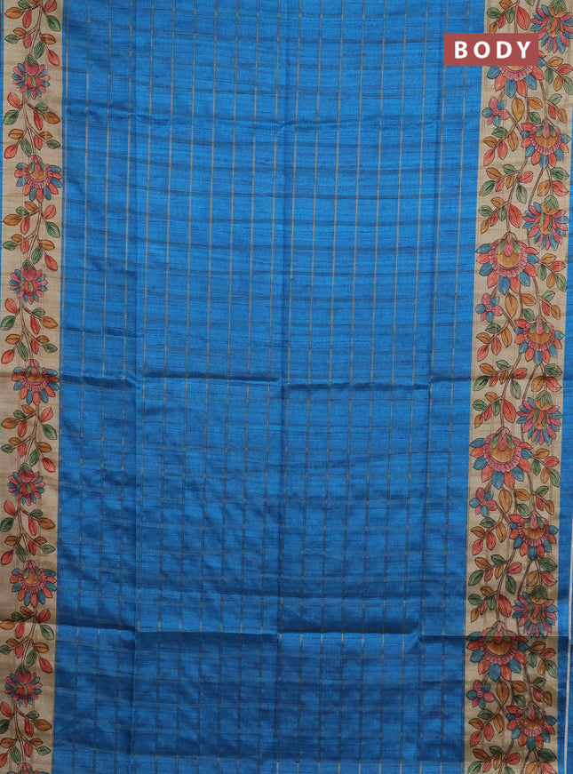 Semi tussar saree cs blue and beige with allover zari checked pattern and kalamkari printed pallu