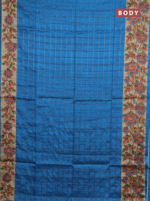 Semi tussar saree cs blue and beige with allover zari checked pattern and kalamkari printed pallu